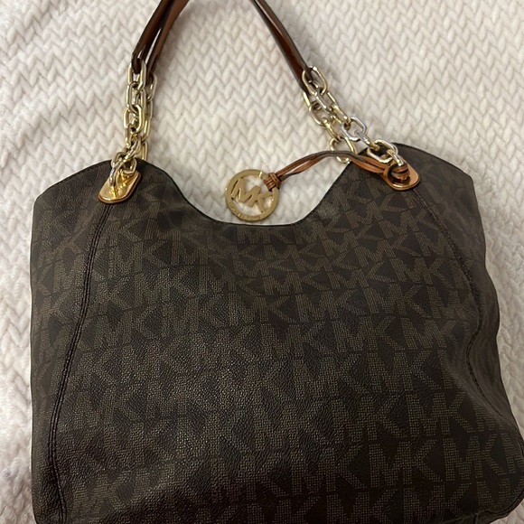 Michael Kors Signature Brown Tote Bag Leather Detail Purse - Picture 7 of 12